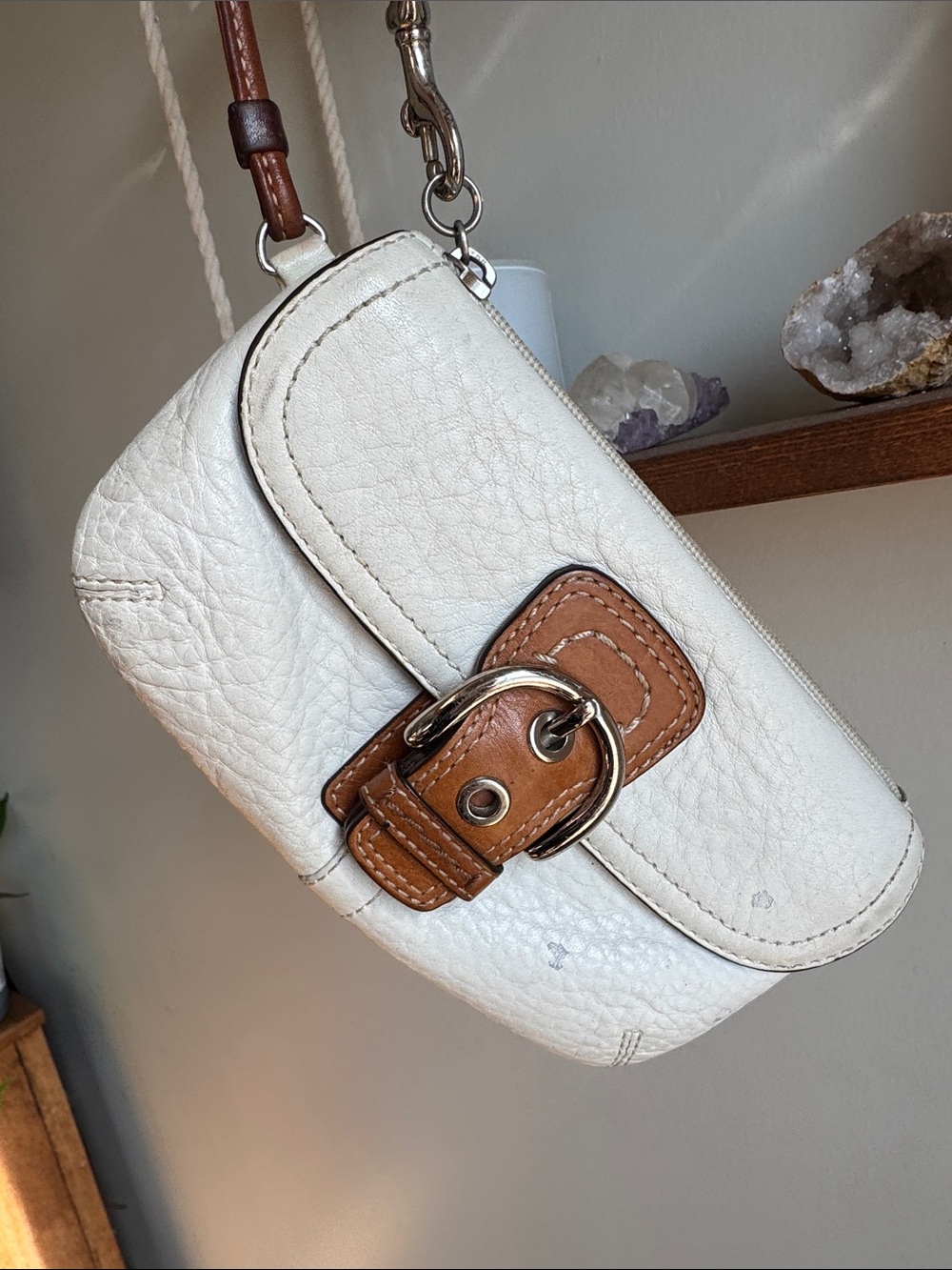 Coach SoHo Cream Leather Wristlet with Tan Buckle Accent